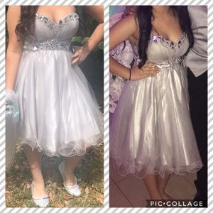 Silver short flowy strapless prom dress